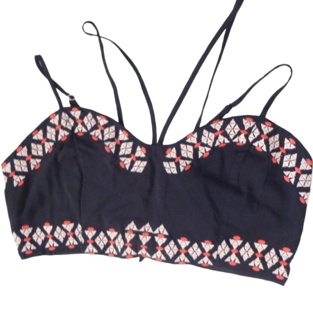 Promesa Strappy Bra Tank Top Large Black Tribal Embroidered Red Pink Festival